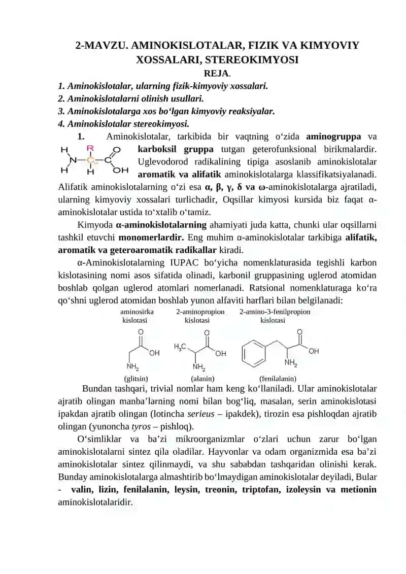 Aminokislotalar, fizik va kimyoviy xossalari, stereokimyosi