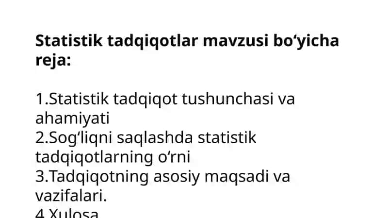 Statistik tadqiqotlar mavzusi bo‘yicha reja: