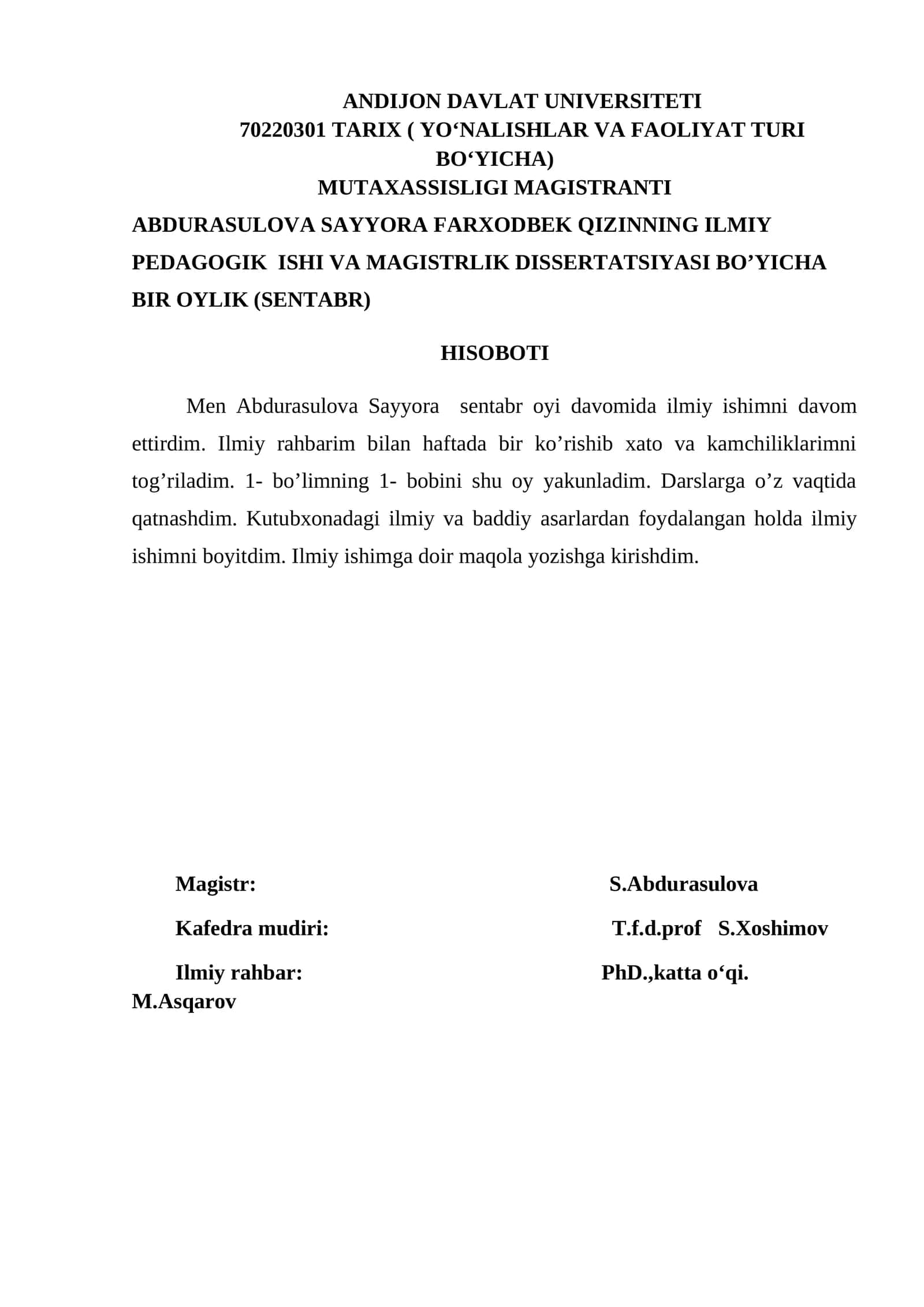 ABDURASULOVA SAYYORA FARXODBEK QIZINNING ILMIY PEDAGOGIK ISHI VA MAGISTRLIK DISSERTATSIYASI BO’YICHA BIR OYLIK (SENTABR) HISOBOTI 1