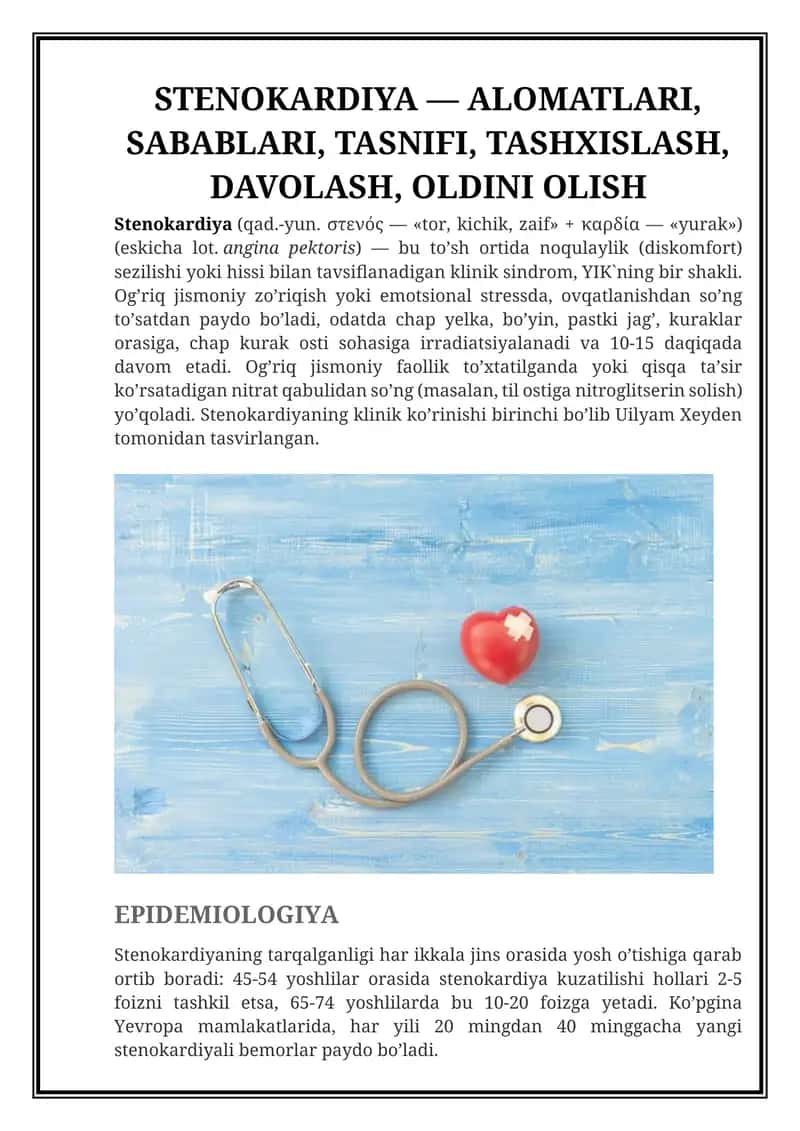 Stenokardiya — Alomatlari, Sabablari, Tasnifi, Tashxislash, Davolash, Oldini Olish 1