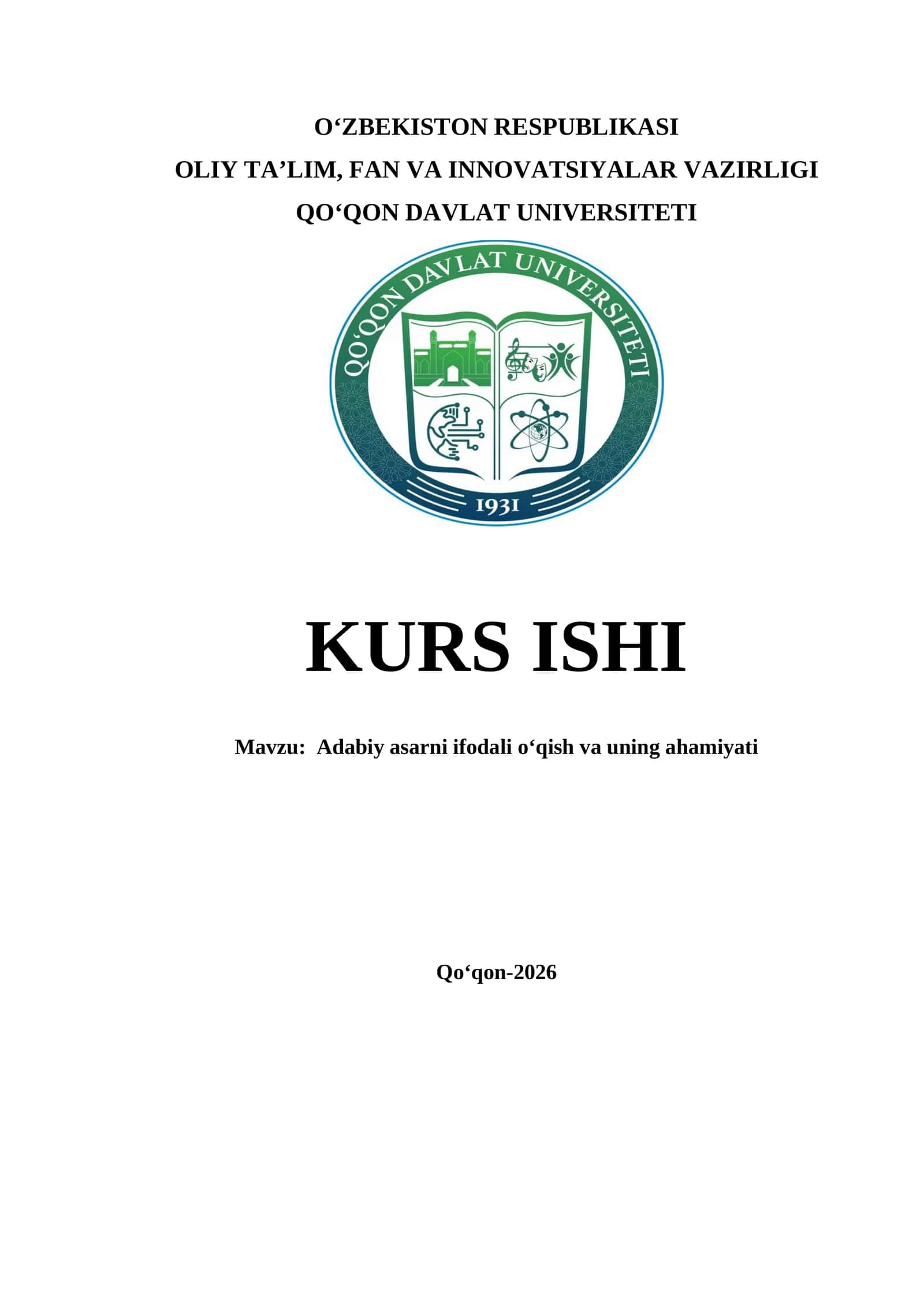 Adabiy asarni ifodali o‘qish va uning ahamiyati kurs ishi 1