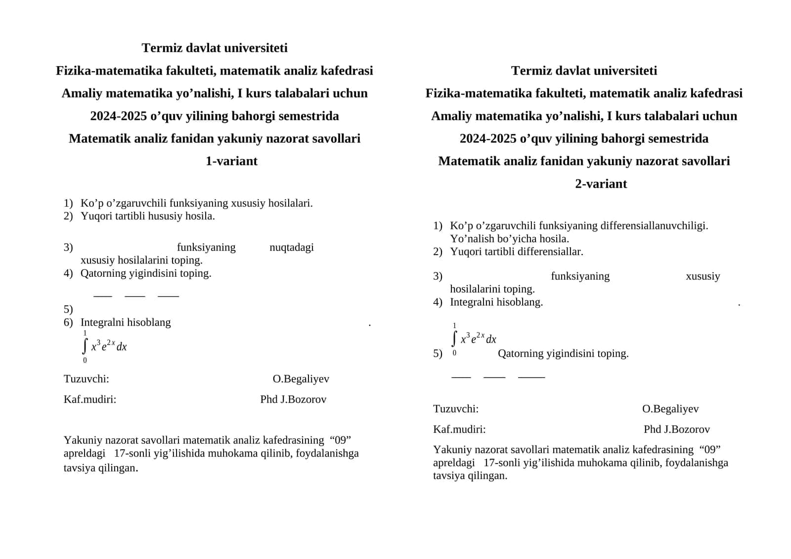 Matematik analiz fanidan yakuniy nazorat savollari 1