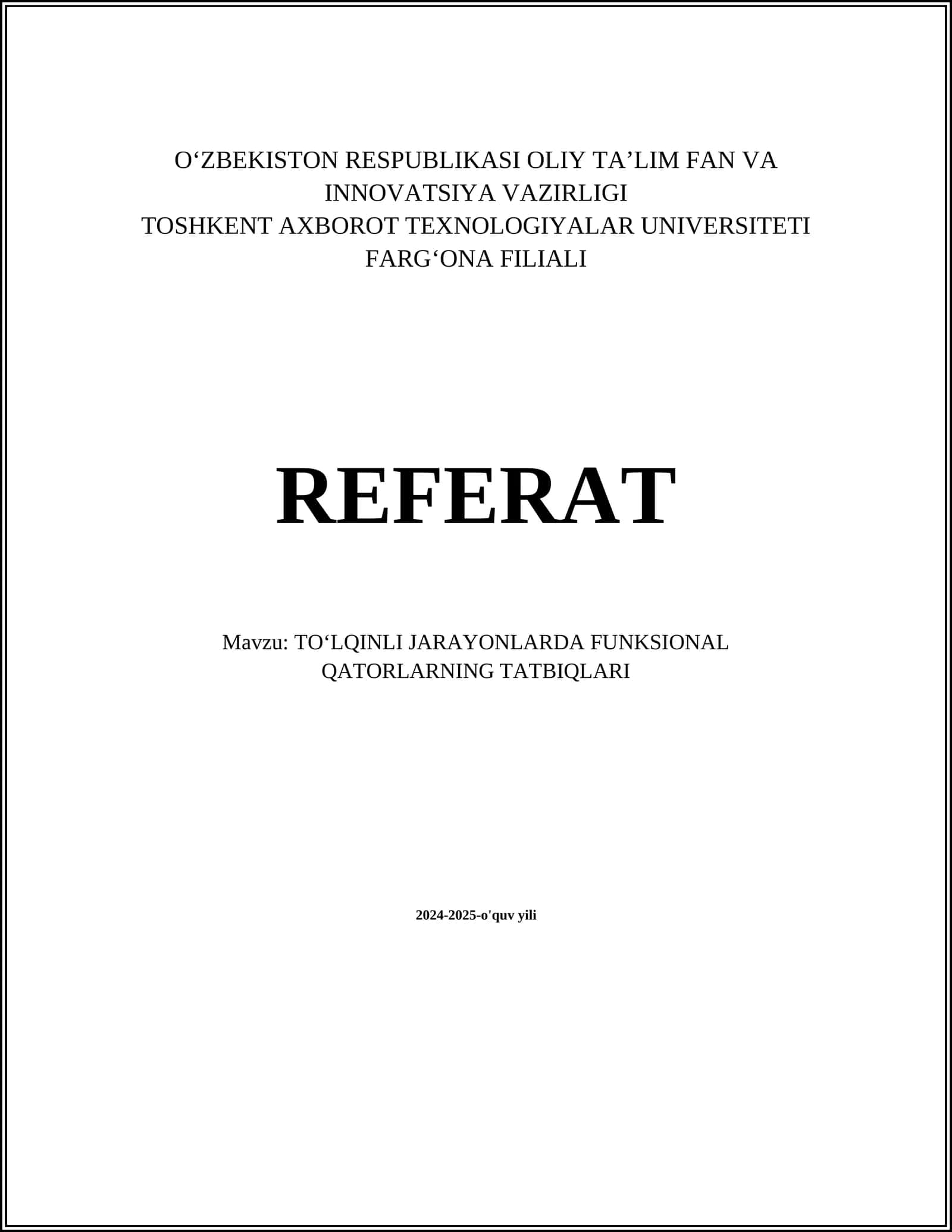 TOʻLQINLI JARAYONLARDA FUNKSIONAL QATORLARNING TATBIQLARI 1