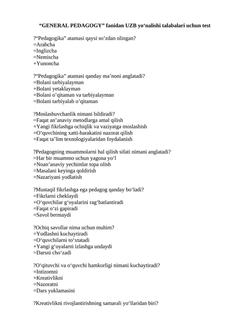 “GENERAL PEDAGOGY” fanidan UZB yo‘nalishi talabalari uchun test 1