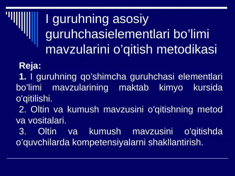 Iguruhning asosiy guruhchasi elementlari bo'limi mavzularini o'qitish metodikasi 1