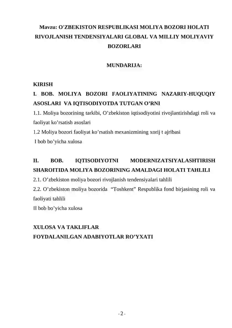 O'ZBEKISTON RESPUBLIKASI MOLIYA BOZORI HOLATI RIVOJLANISH TENDENSIYALARI GLOBAL VA MILLIY MOLIYAVIY BOZORLARI
