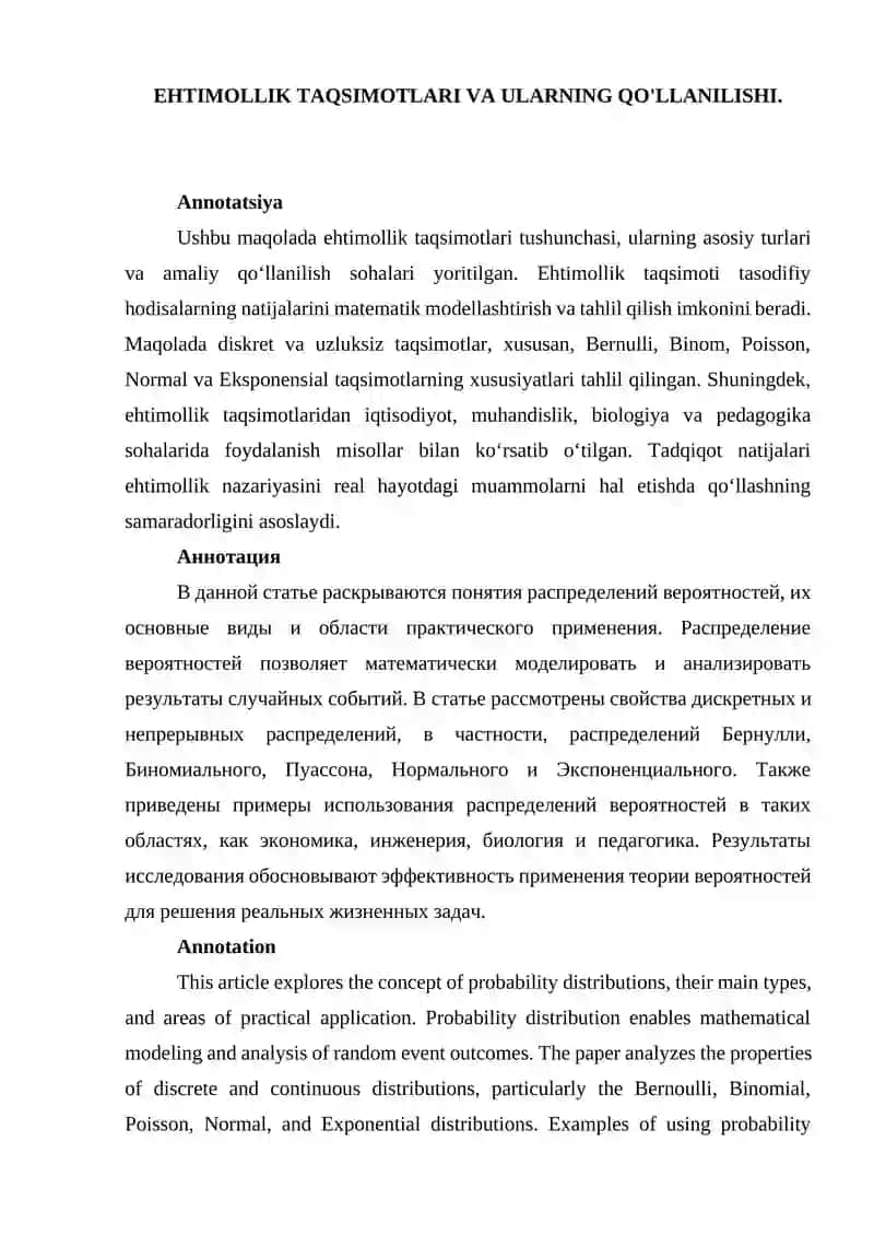 Ehtimollik taqsimotlari va ularning qo'llanilishi