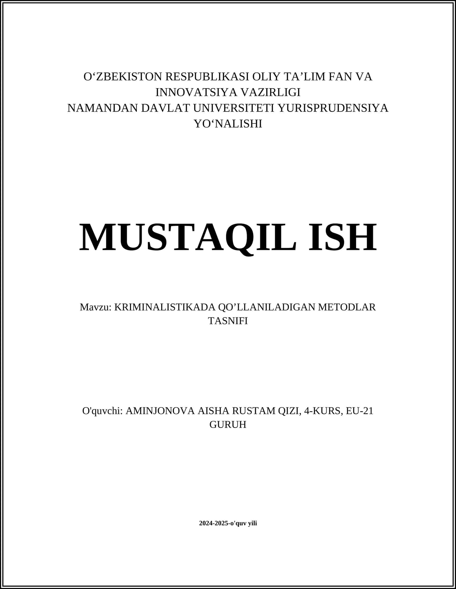 KRIMINALISTIKADA QO’LLANILADIGAN METODLAR TASNIFI 1