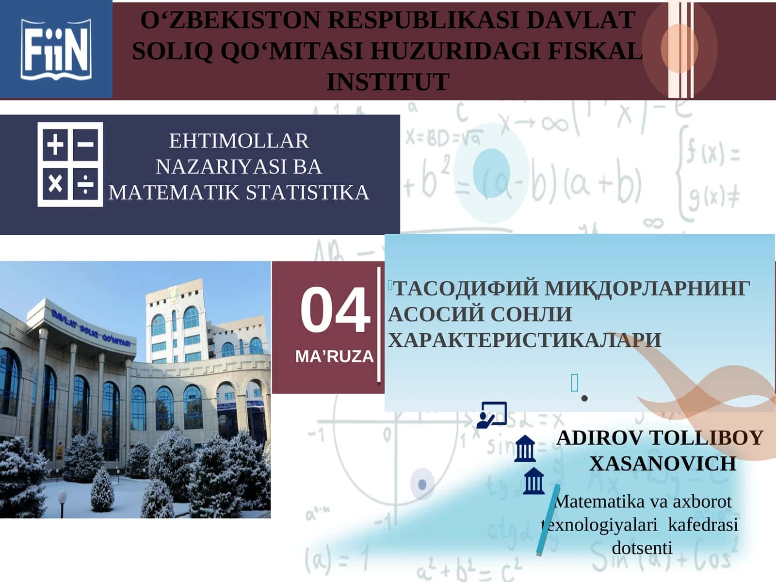 ТАСОДИФИЙ МИҚДОРЛАРНИНГ АСОСИЙ СОНЛИ ХАРАКТЕРИСТИКАЛАРИ 1