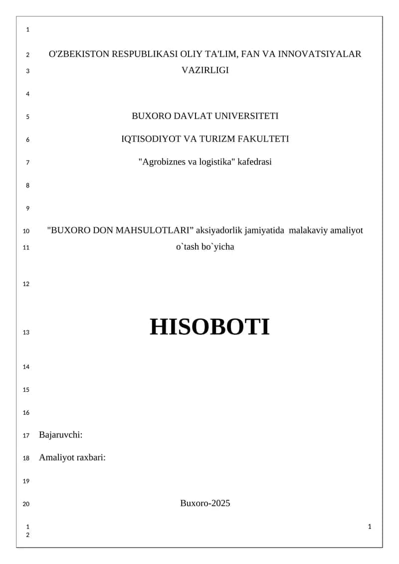 "Buxoro Don Mahsulotlari" Aksiyadorlik Jamiyatida Malakaviy Amaliyot O'tash Bo'yicha Hisoboti 1