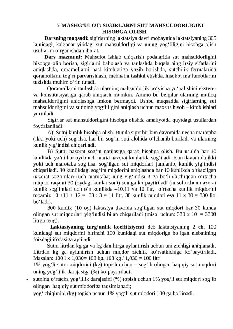 Sut Mahsuldorligi Hisobga Olish 1