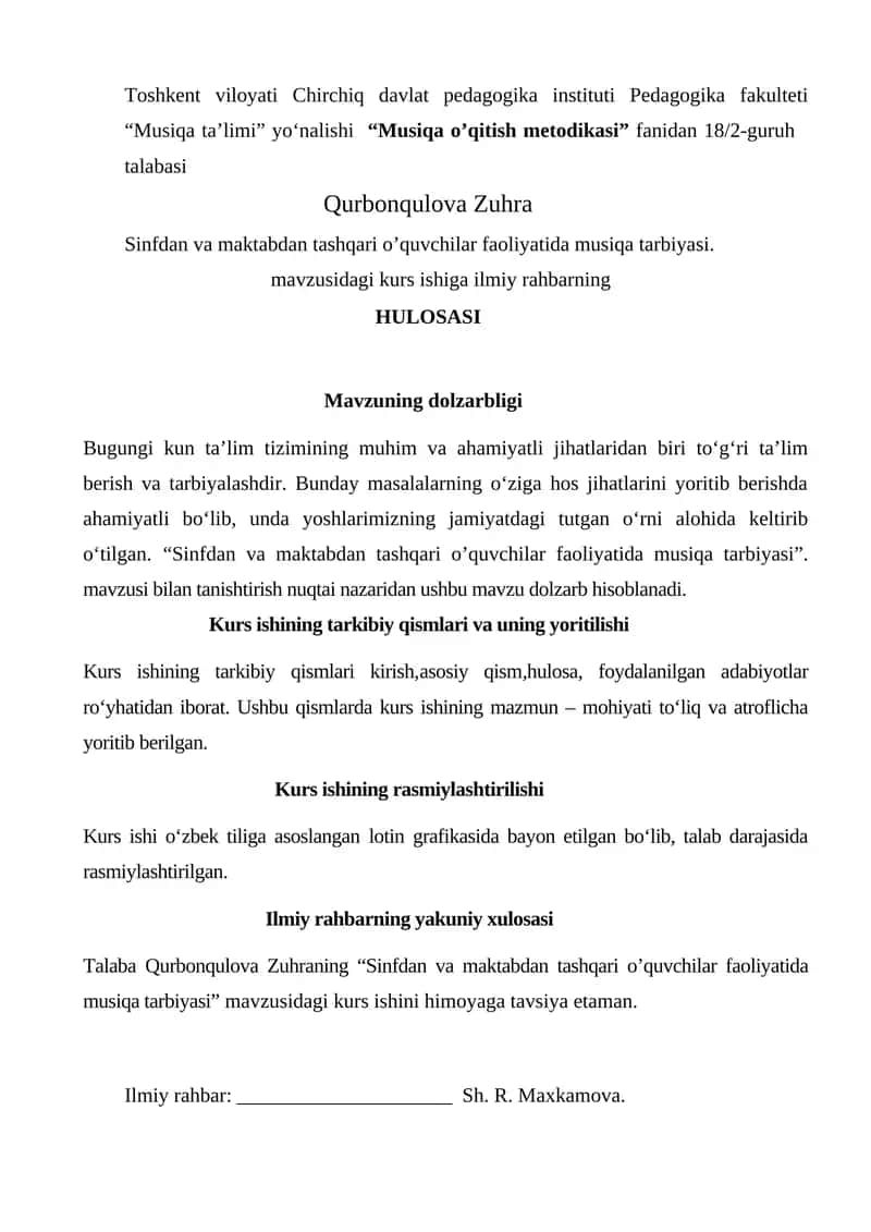 “Musiqa o’qitish metodikasi” fanidan 18/2-guruh talabasi 1