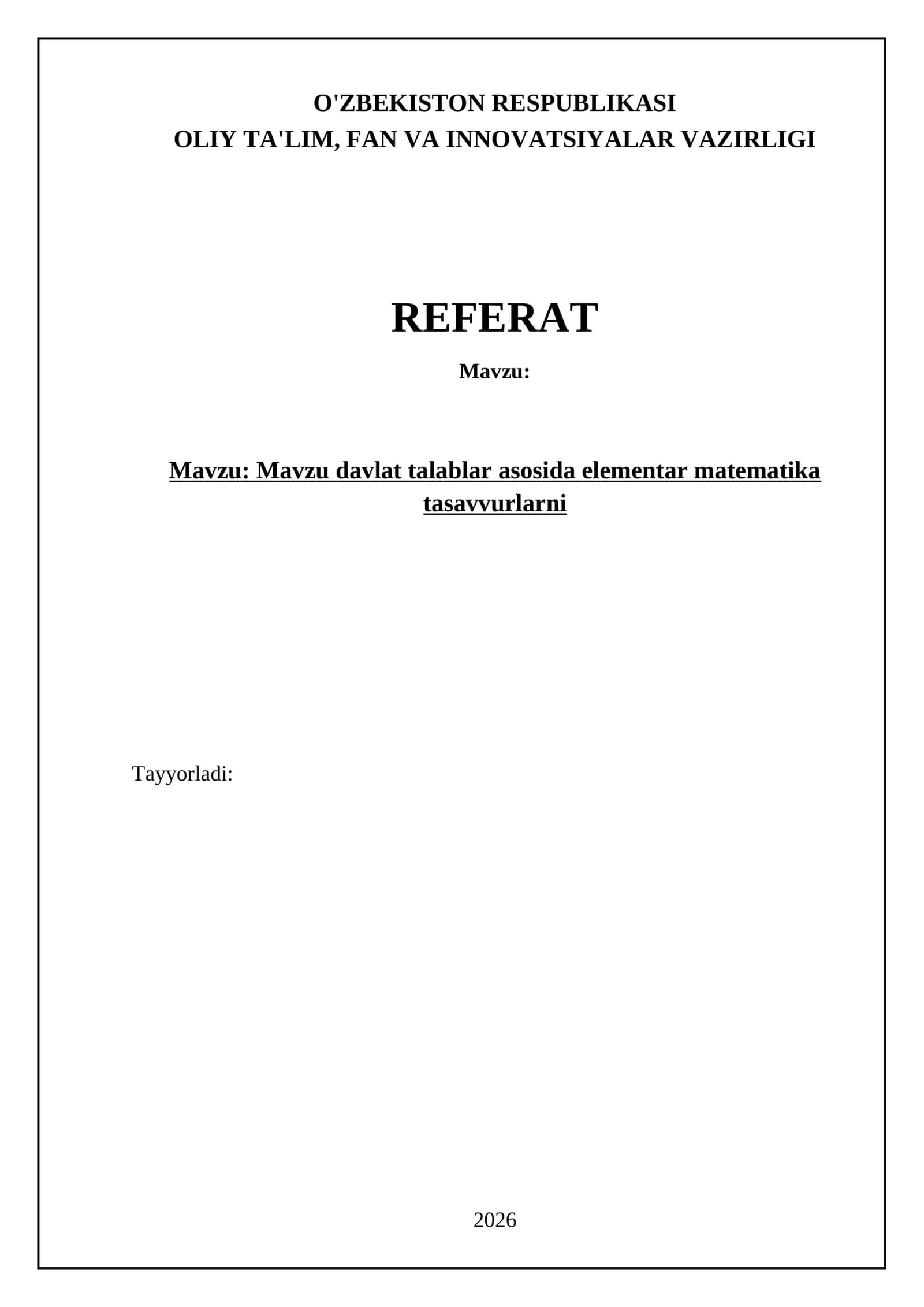 Mavzu: Mavzu davlat talablar asosida elementar matematika tasavvurlarni 1