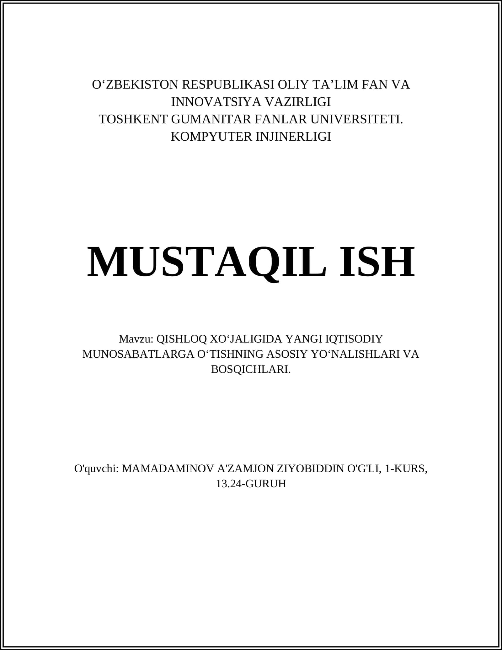 QISHLOQ XO‘JALIGIDA YANGI IQTISODIY MUNOSABATLARGA O‘TISHNING ASOSIY YO‘NALISHLARI VA BOSQICHLARI 1