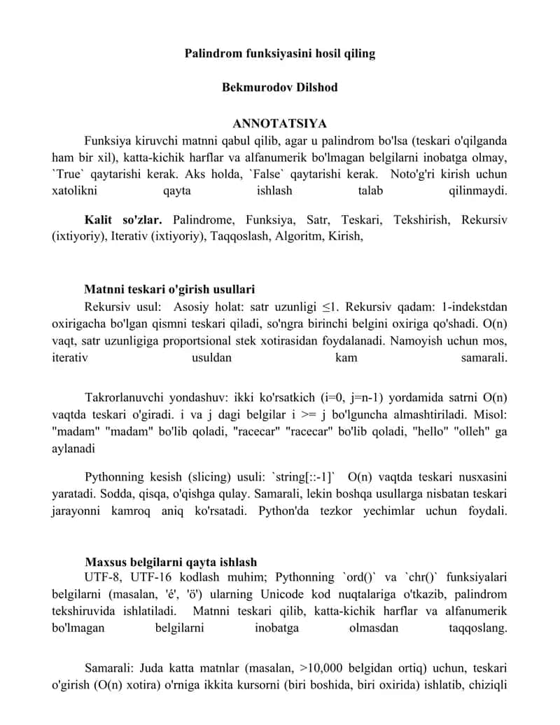Palindrom funksiyasini hosil qiling 1