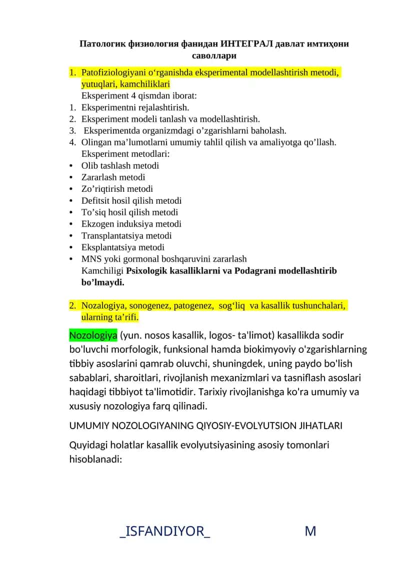 Patoligik fiziologiyani o'rganish 1