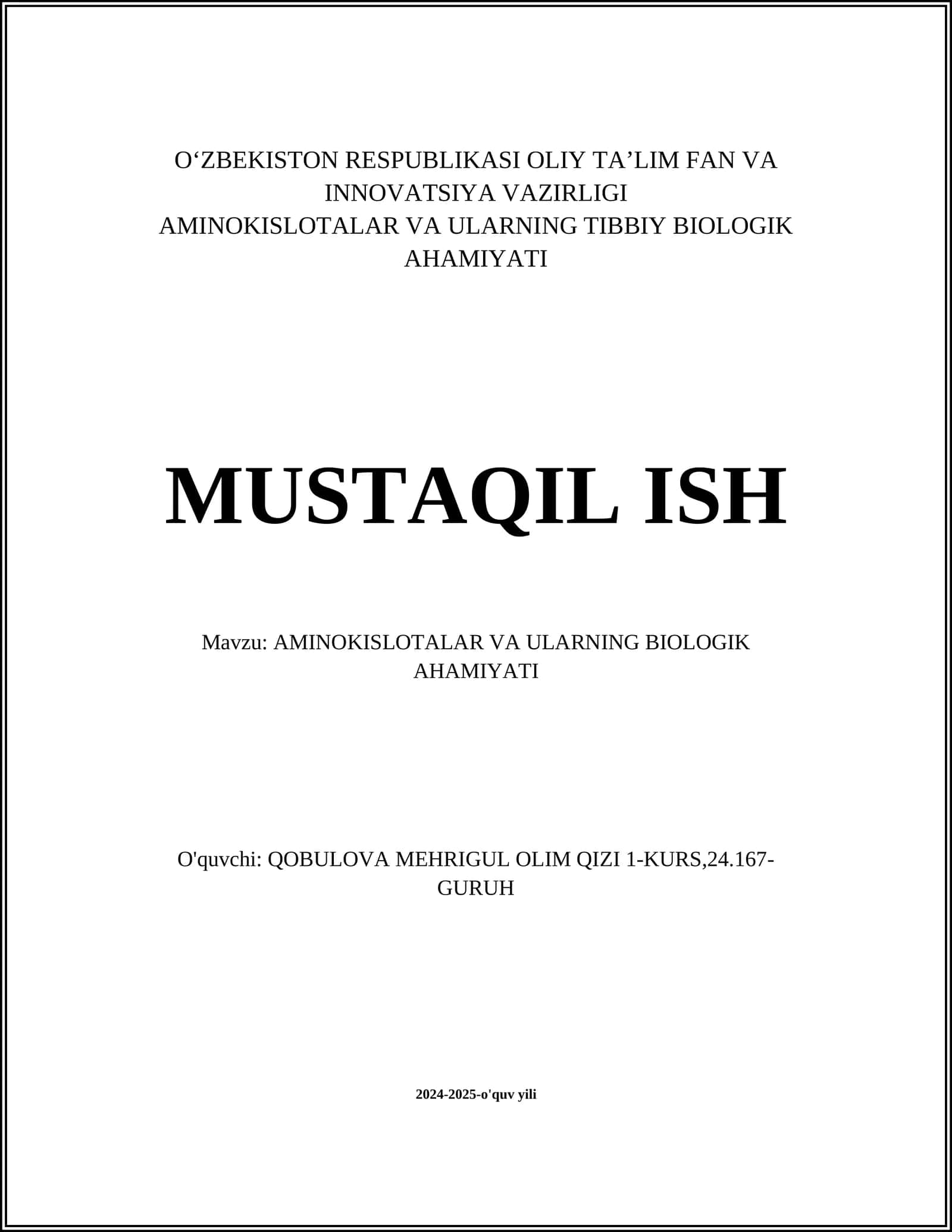 AMINOKISLOTALAR VA ULARNING BIOLOGIK AHAMIYATI 1