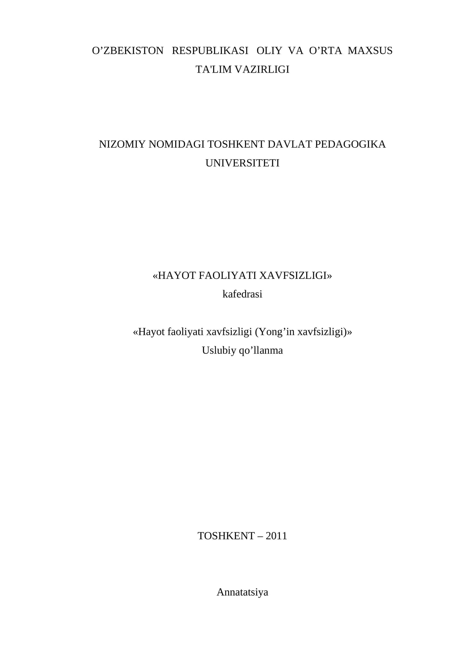 Uslubiy qo’llanma "Hayot faoliyati xavfsizligi (Yong’in xavfsizligi)" 1