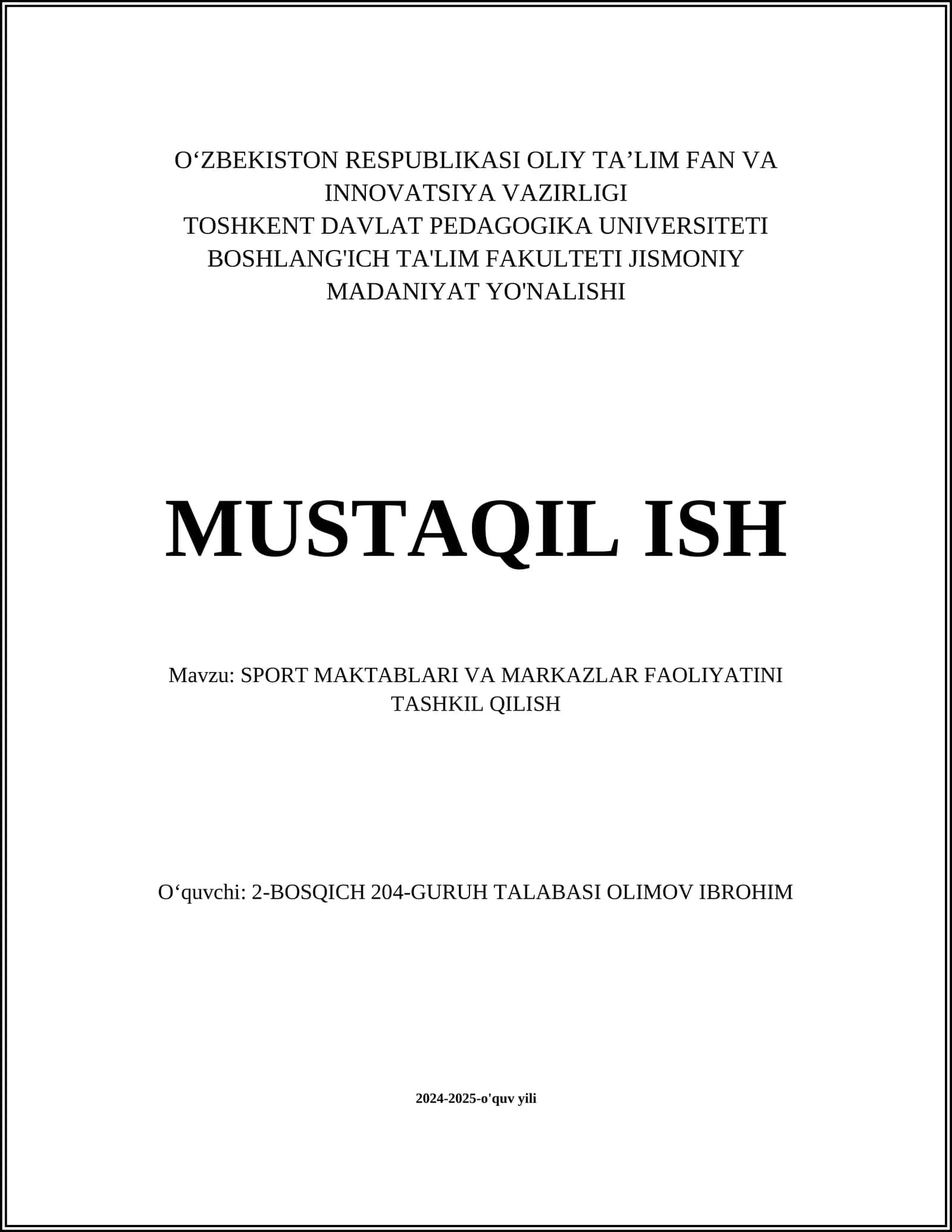 SPORT MAKTABLARI VA MARKAZLAR FAOLIYATINI TASHKIL QILISH 1
