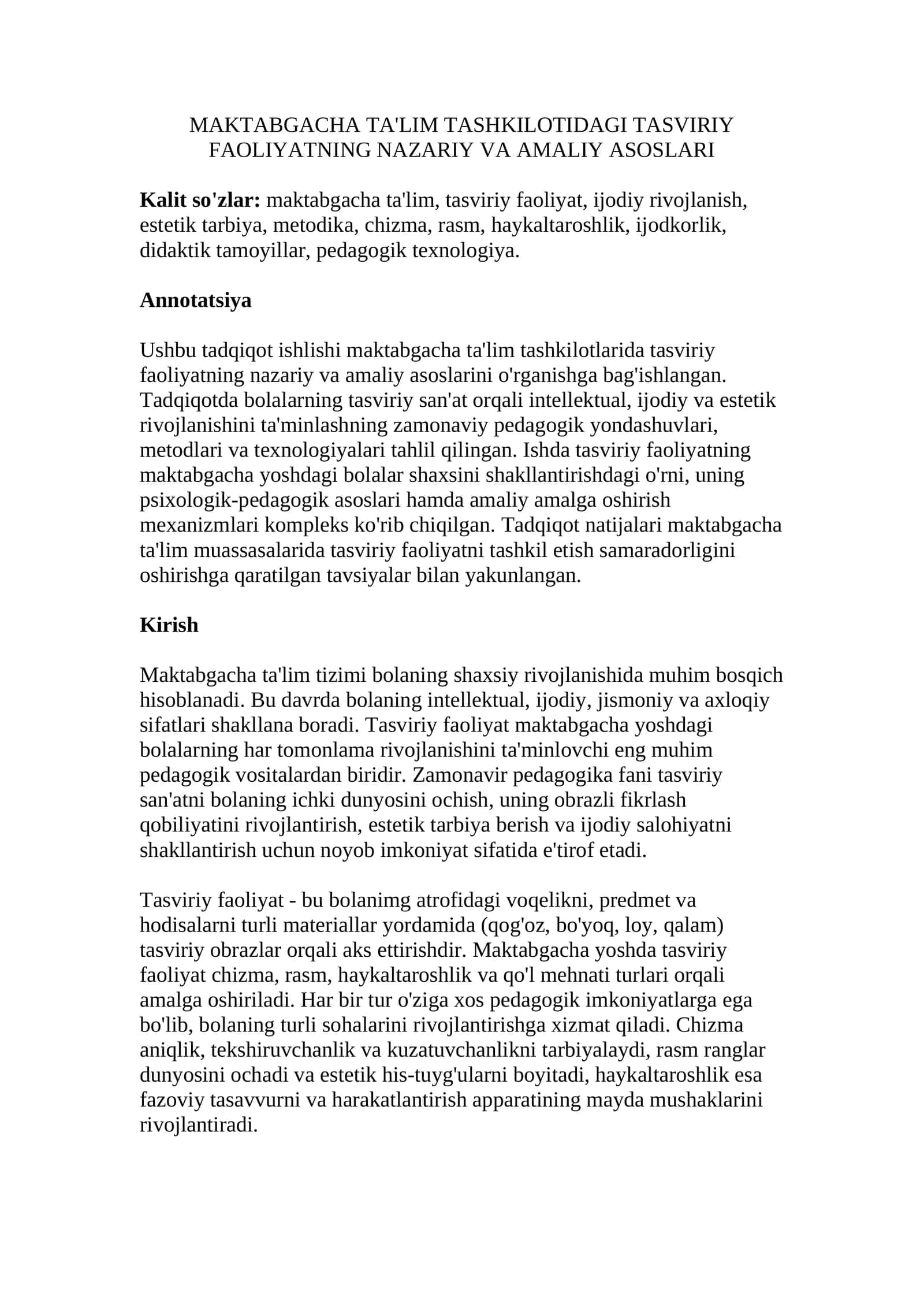 MAKTABGACHA TA'LIM TASHKILOTIDAGI TASVIRIY FAOLIYATNING NAZARIY VA AMALIY ASOSLARI 1