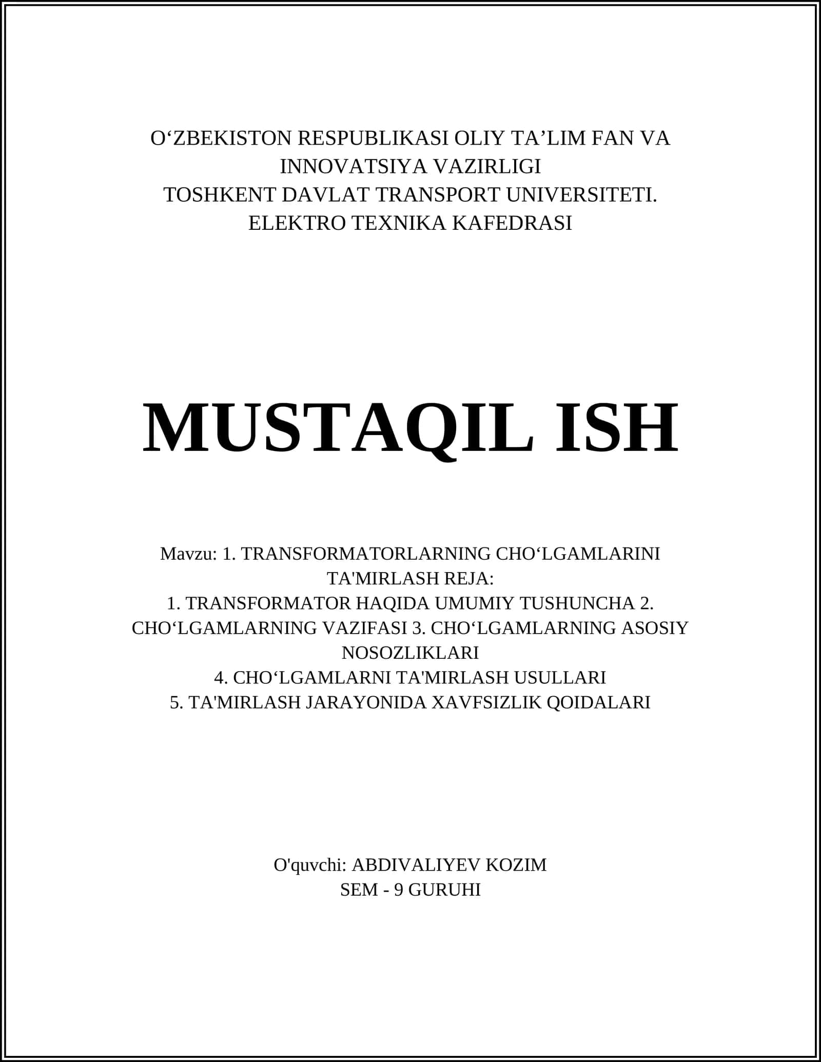 TRANSFORMATORLARNING CHOʻLGAMLARINI TA'MIRLASH REJA 1