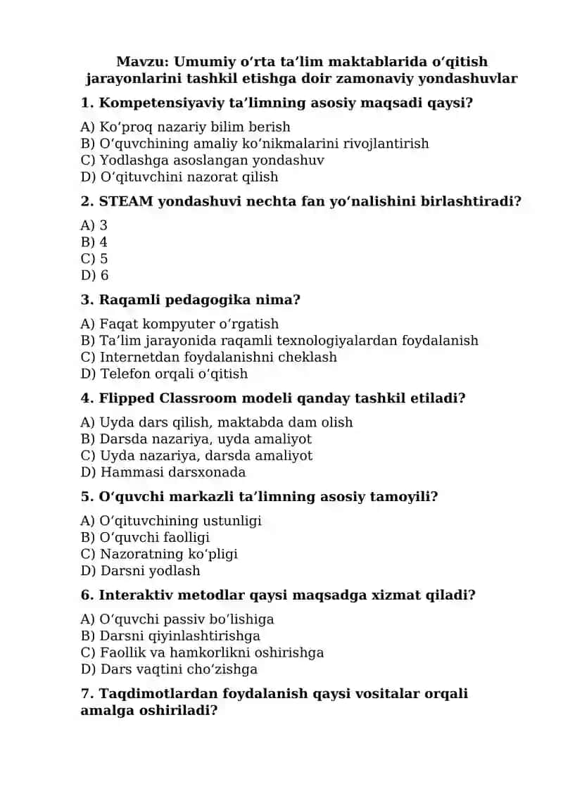 Umumiy o‘rta ta’lim maktablarida o‘qitish jarayonlarini tashkil etishga doir zamonaviy yondashuvlar