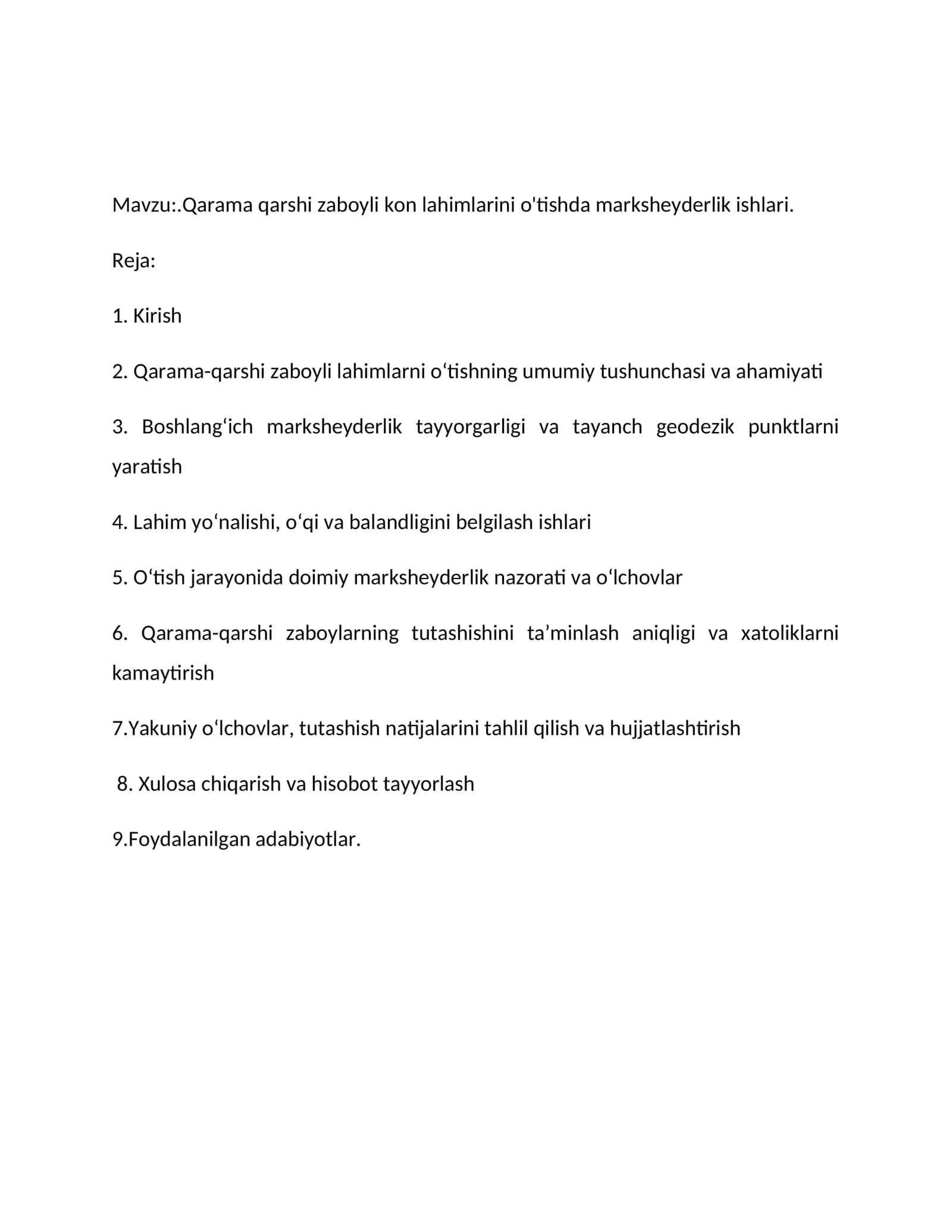 Qarama qarshi zaboyli kon lahimlarini o'tishda marksheyderlik ishlari 1