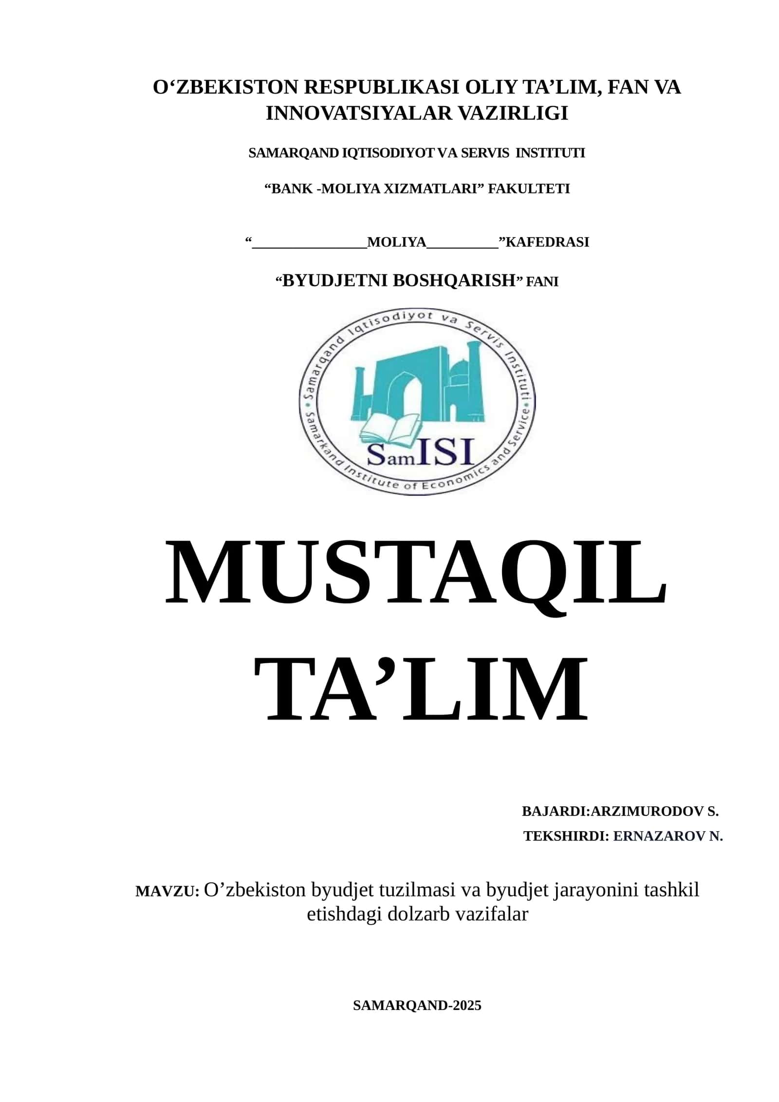 O’zbеkiston byudjеt tuzilmasi va byudjеt jarayonini tashkil etishdagi dolzarb vazifalar 1