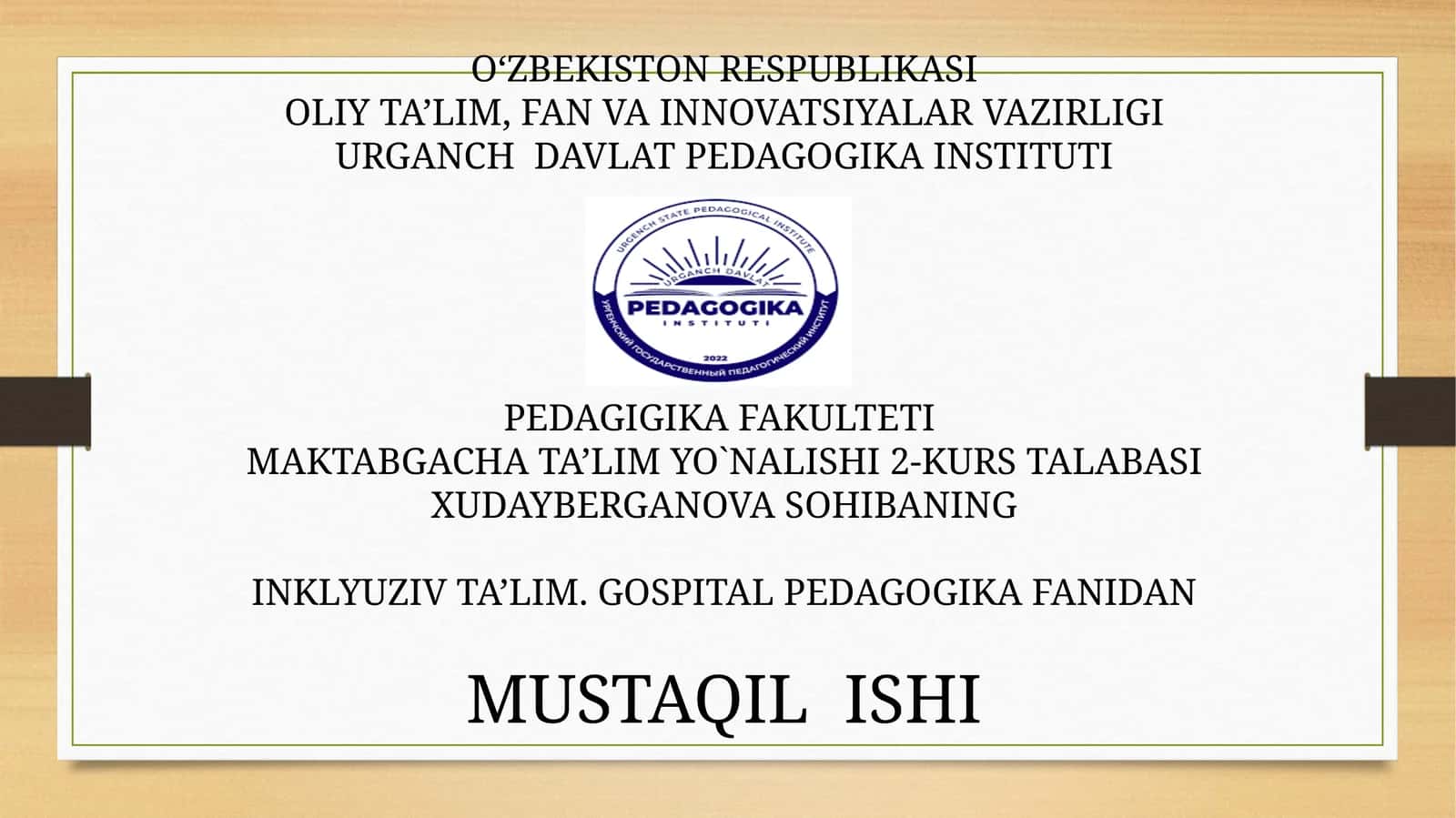 Uzoq muddatli davolanayotgan bolalarni psixologik pedagogik qullab quvvatlashda o'qituvchi shaxsi. 1