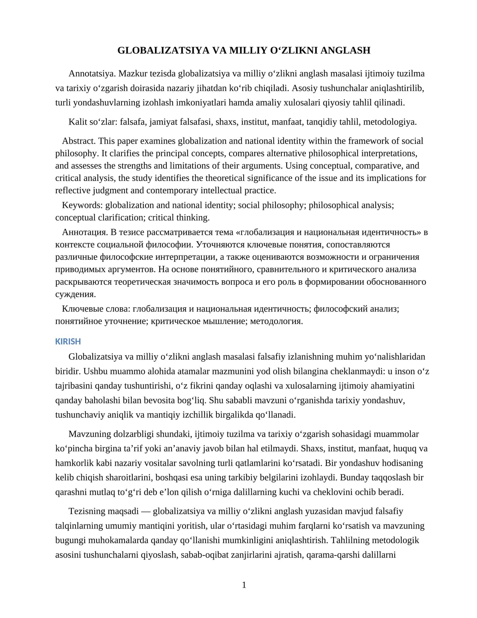 GLOBALIZATSIYA VA MILLIY O‘ZLIKNI ANGLASH 1