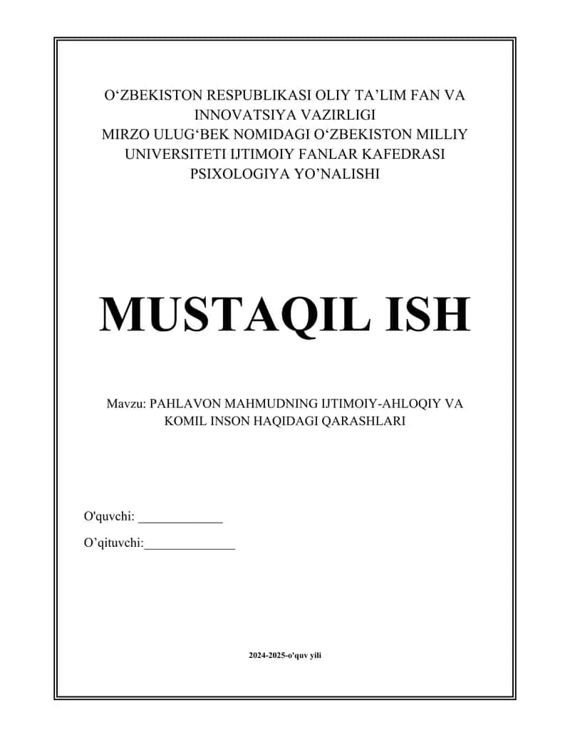 PAHLAVON MAHMUDNING IJTIMOIY-AHLOQIY VA KOMIL INSON HAQIDAGI QARASHLARI 1