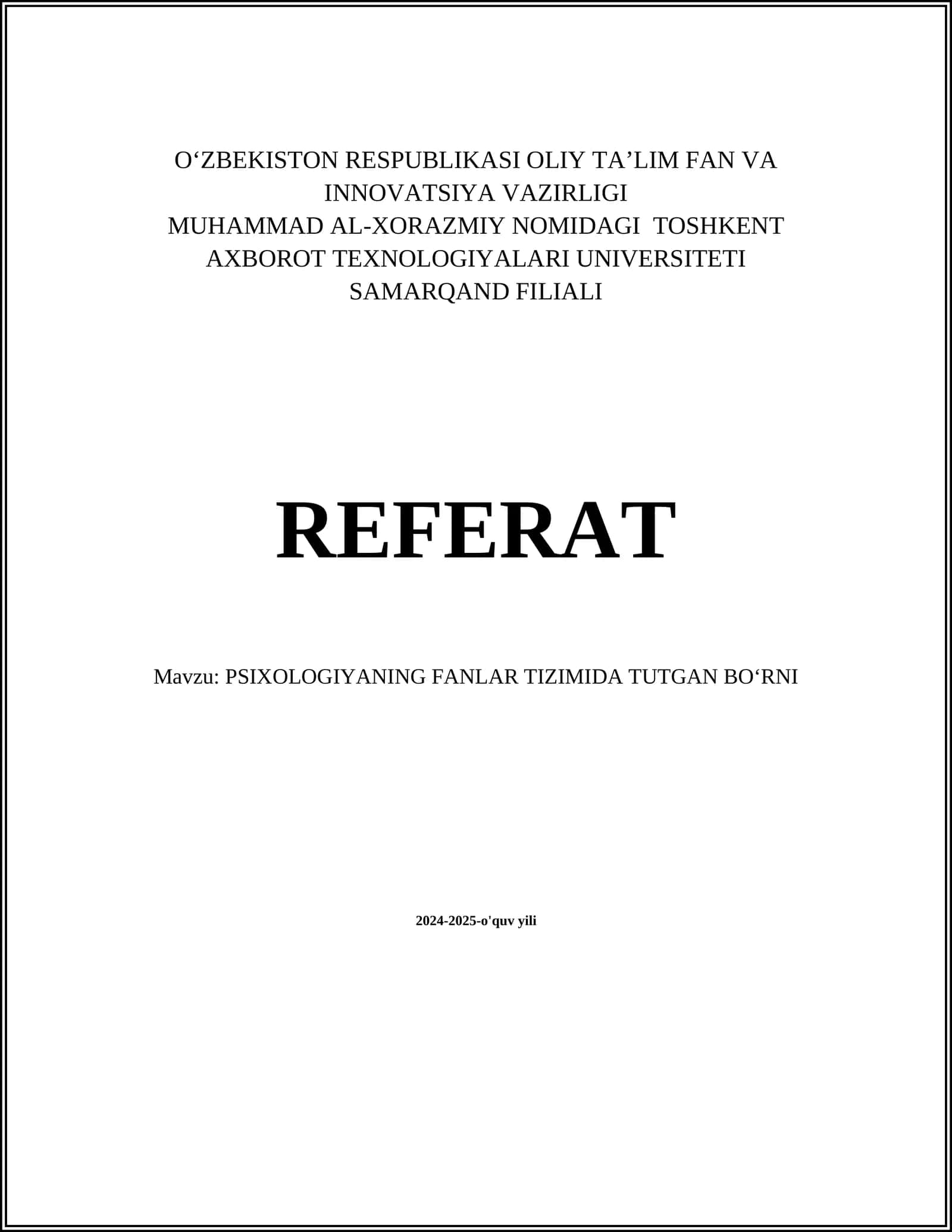 PSIXOLOGIYANING FANLAR TIZIMIDA TUTGAN BOʻRNI 1