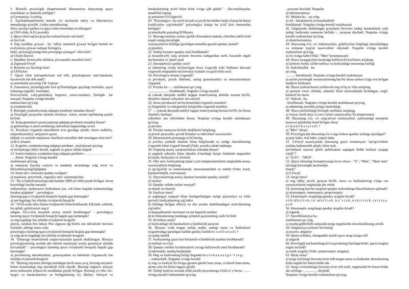 Birinchi psixologik eksperimental laboratoriya TESTLARI 1