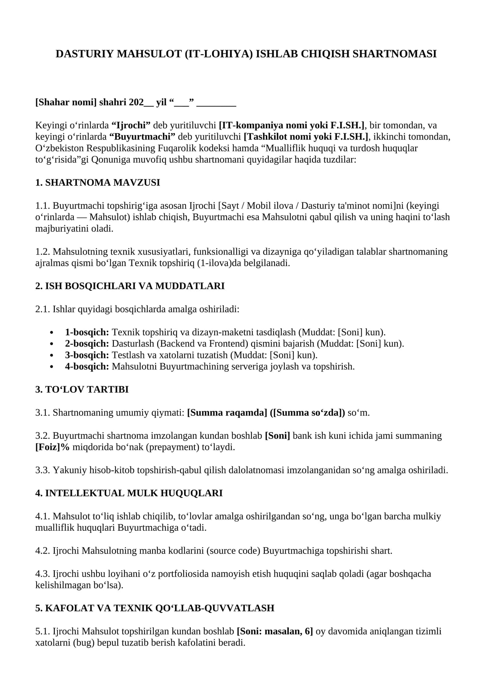 DASTURIY MAHSULOT (IT-LOHIYA) ISHLAB CHIQISH SHARTNOMASI 1