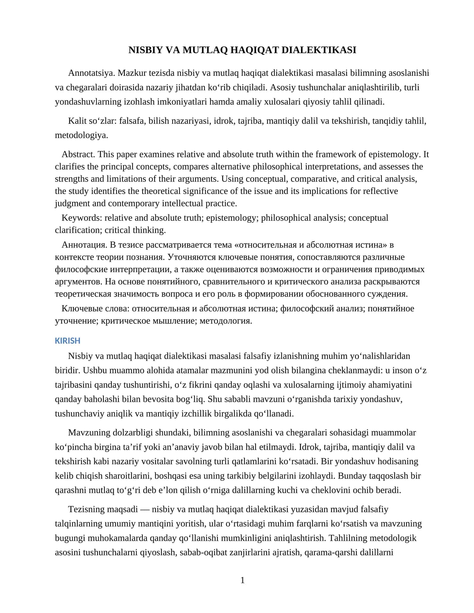NISBIY VA MUTLAQ HAQIQAT DIALEKTIKASI 1