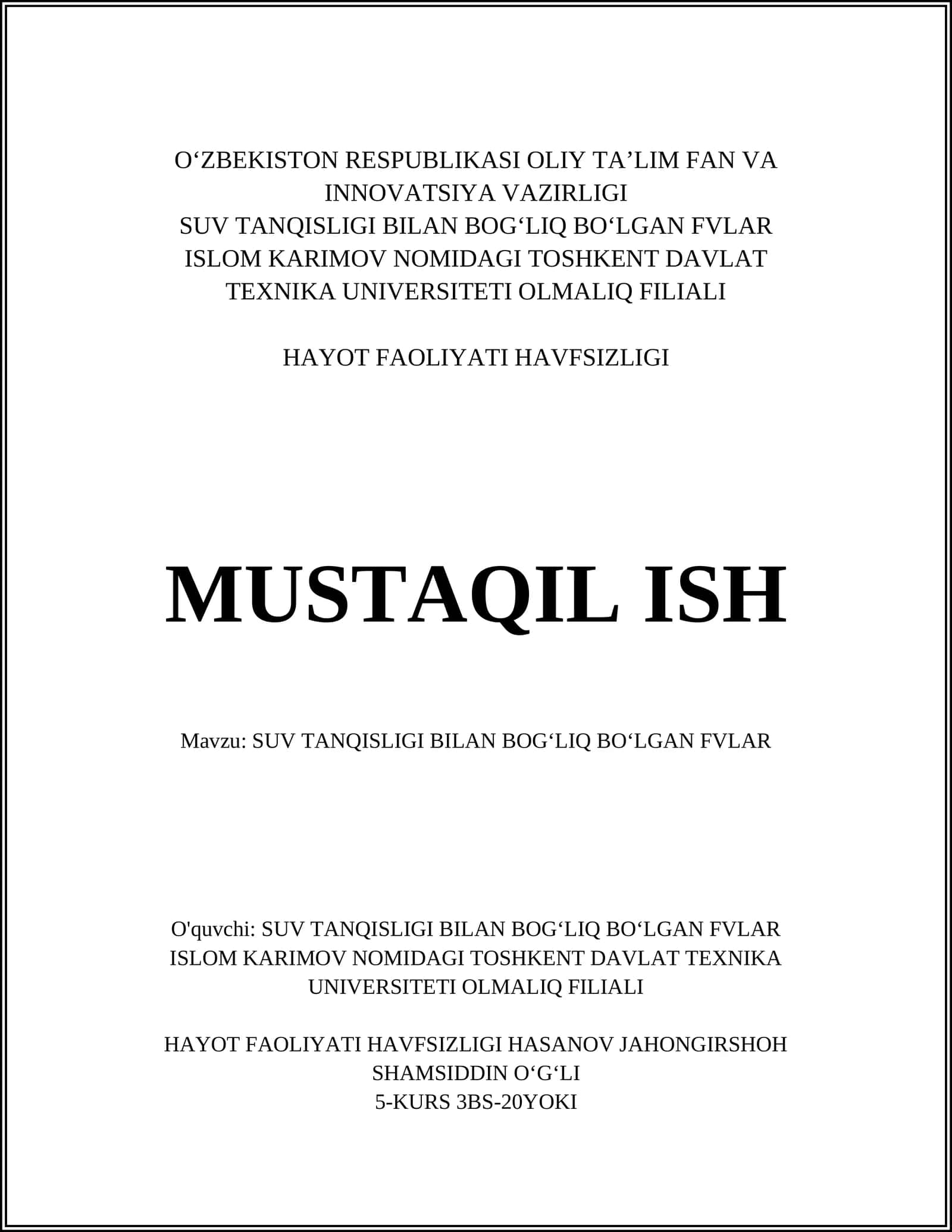HAYOT FAOLIYATI HAVFSIZLIGI 1