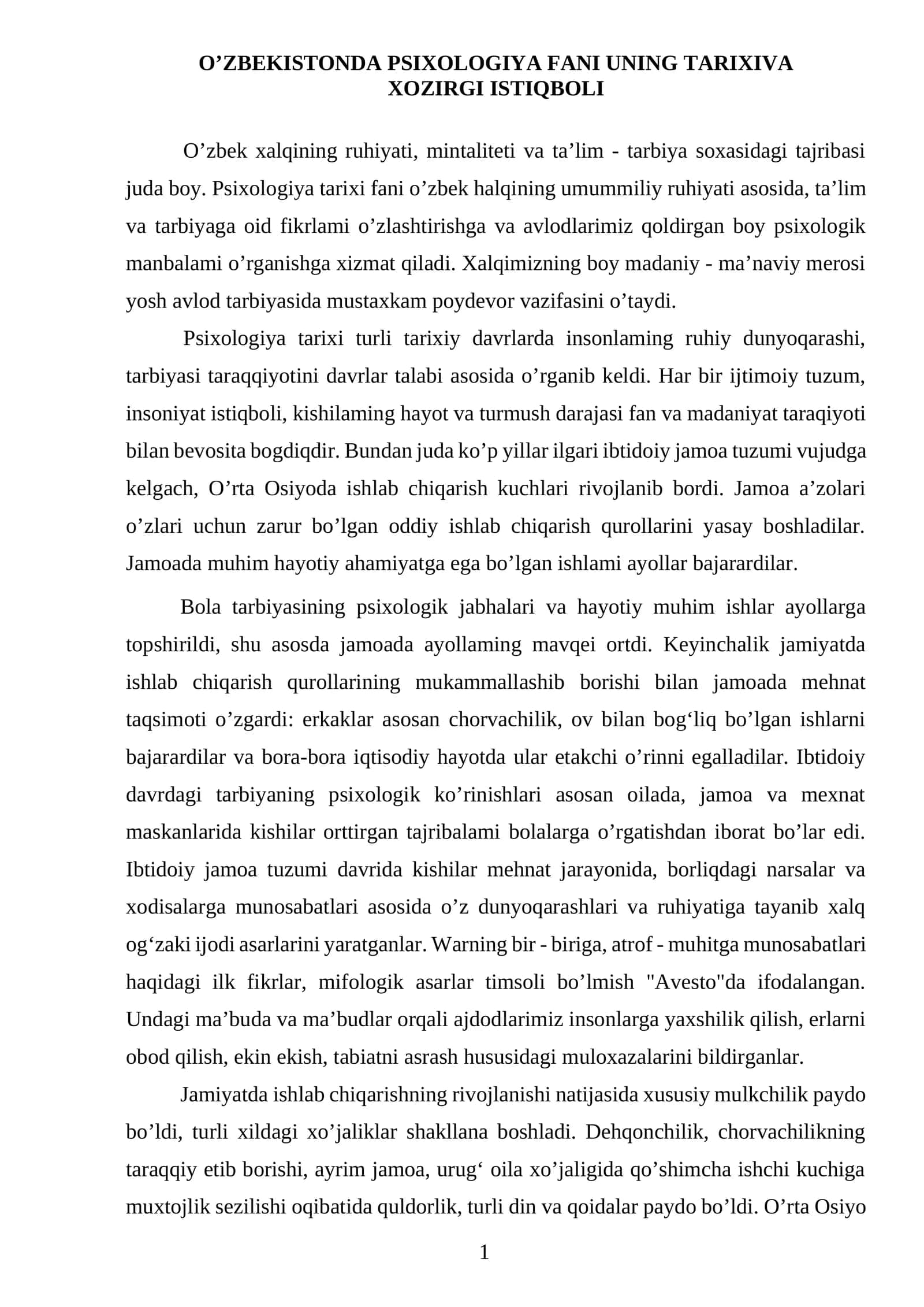 O'ZBEKISTONDA PSIXOLOGIYA FANI UNING TARIXIVA 1