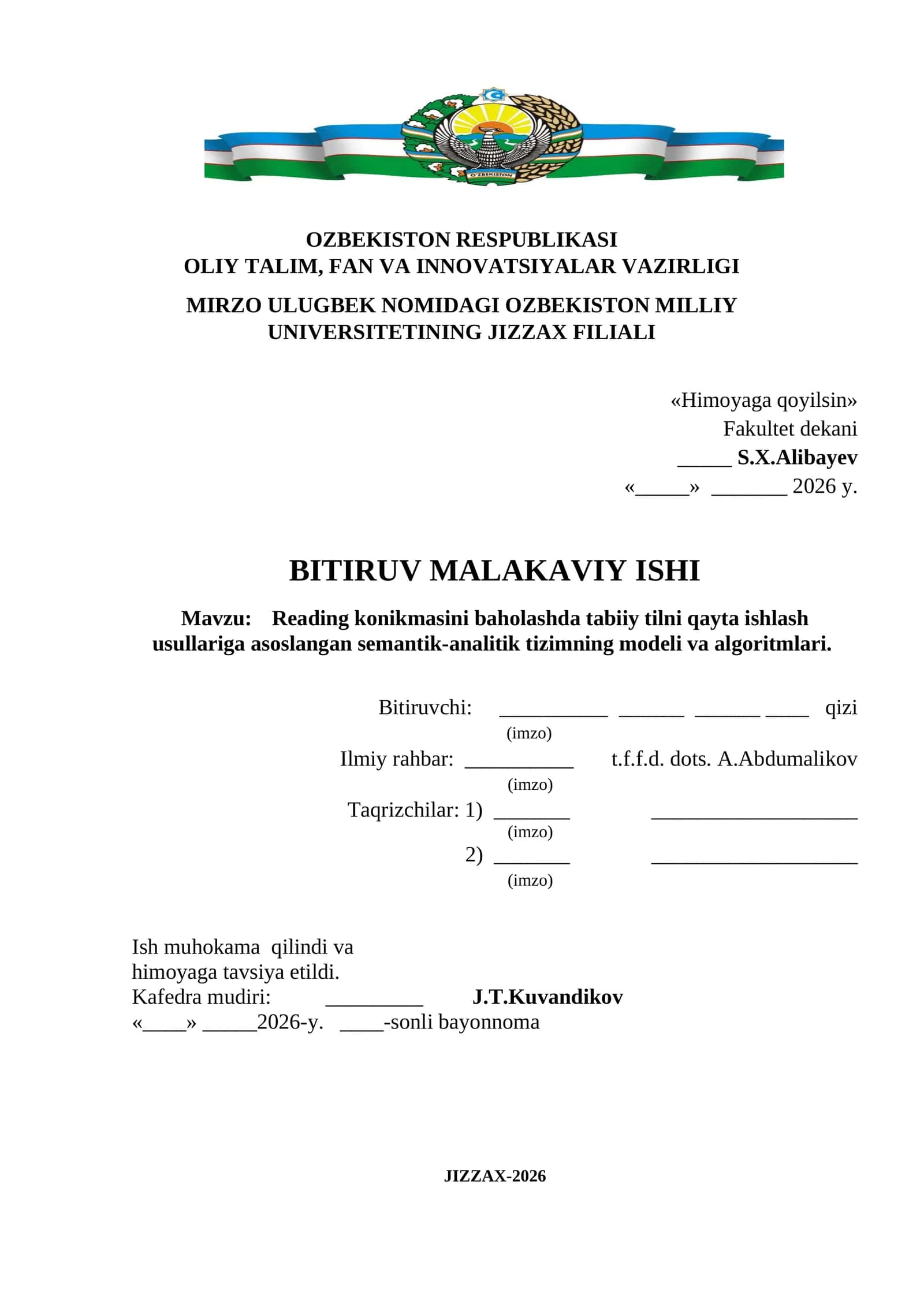 Reading ko‘nikmasini baholashda tabiiy tilni qayta ishlash usullariga asoslangan semantik-analitik tizimning modeli va algoritmlari 1