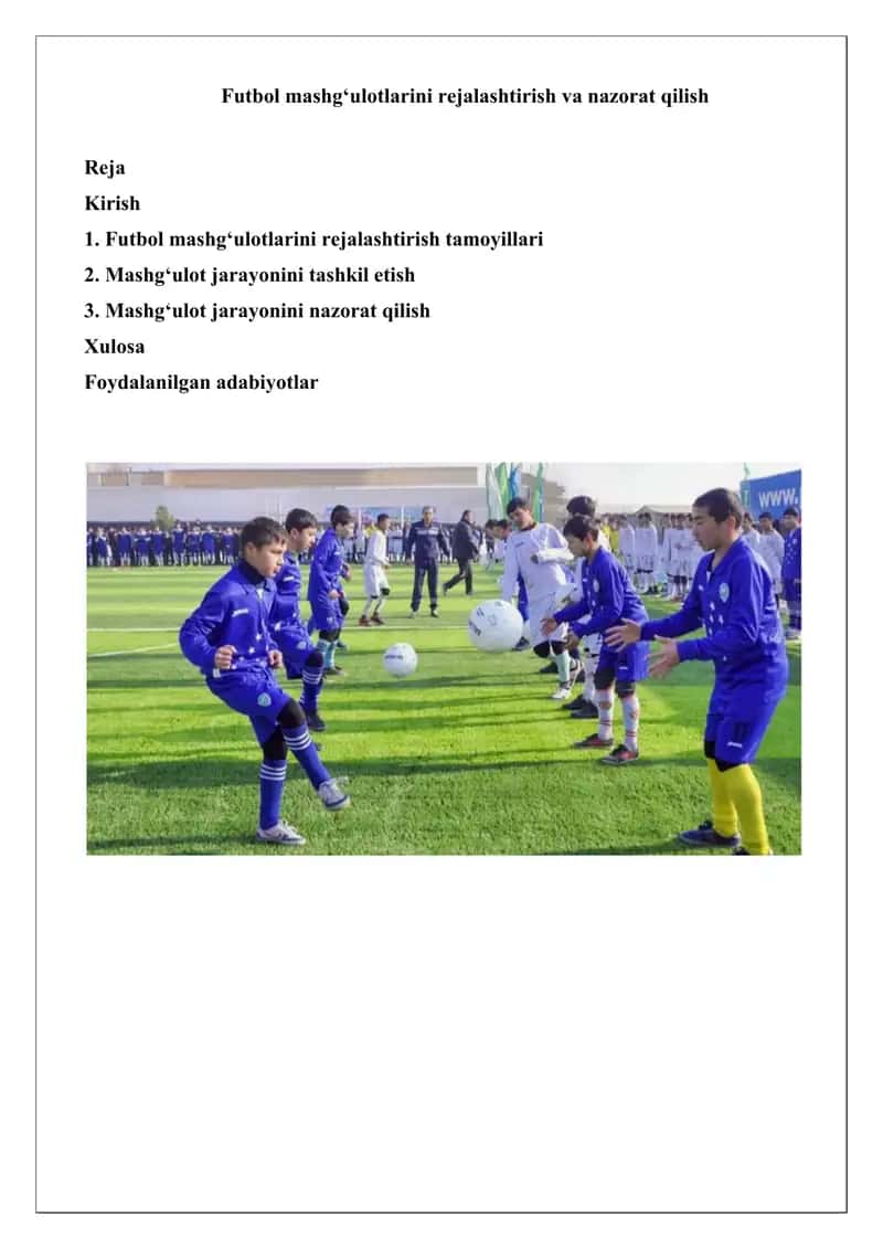 Futbol mashg‘ulotlarini rejalashtirish va nazorat qilish 1