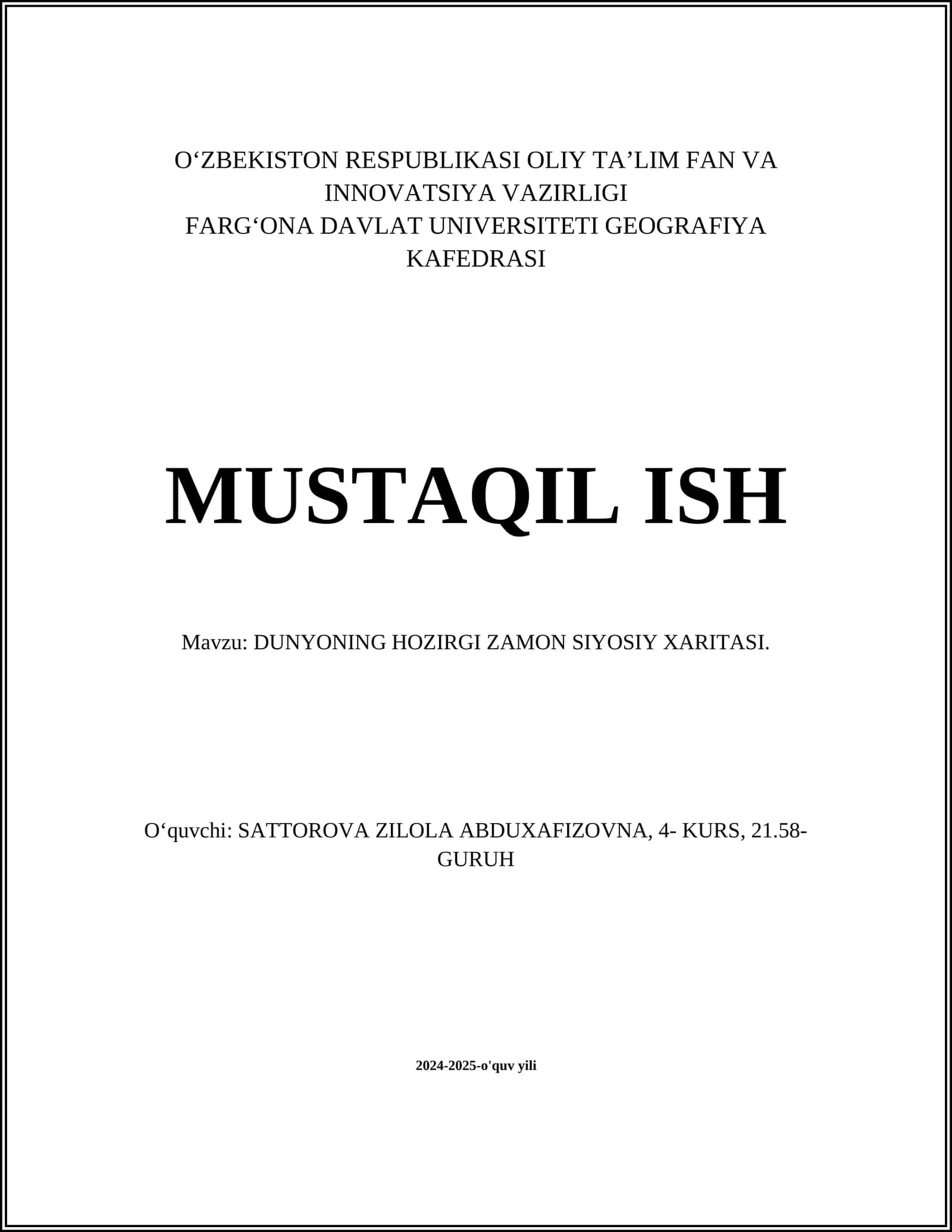 DUNYONING HOZIRGI ZAMON SIYOSIY XARITASI 1