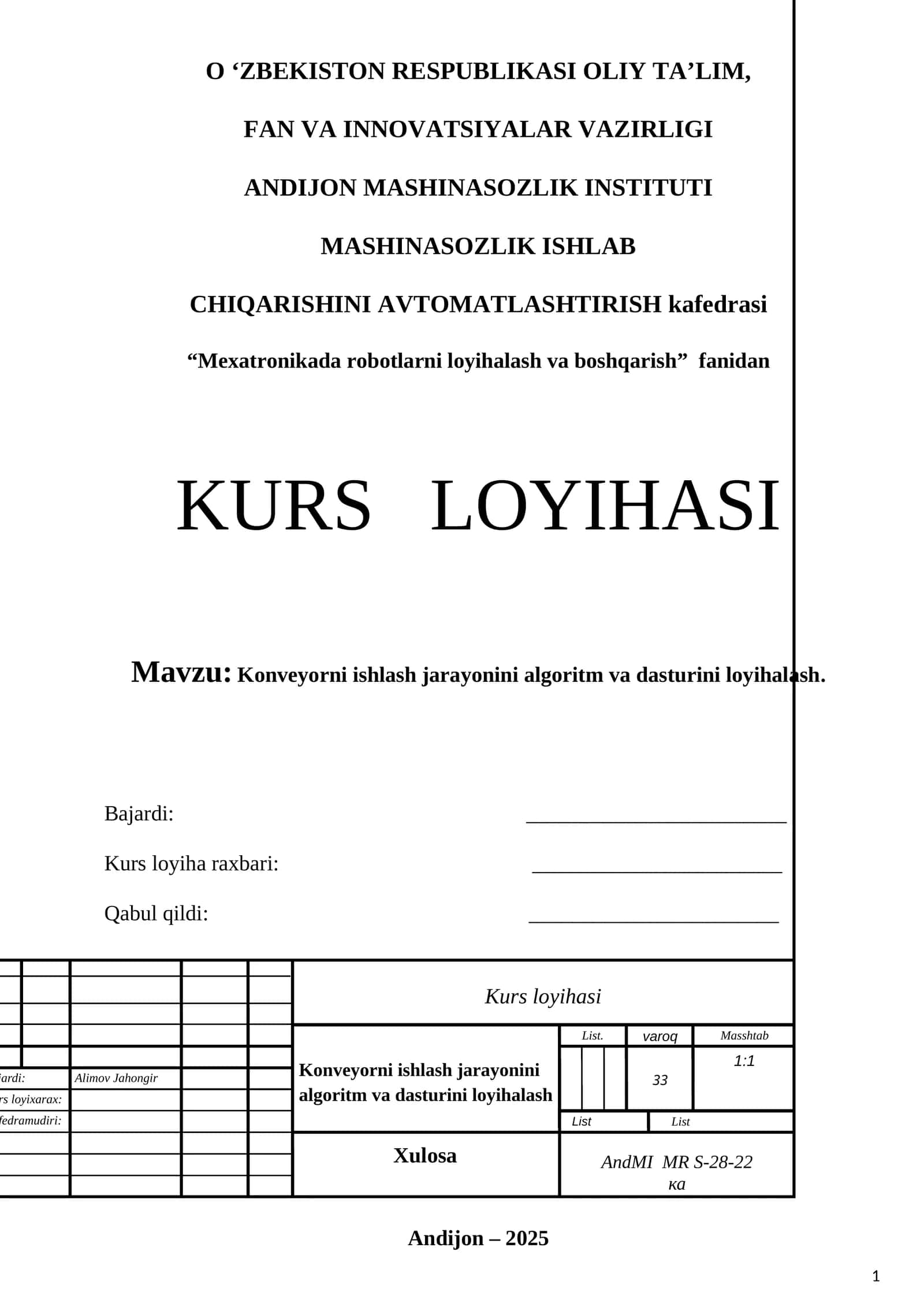 Konveyorni ishlash jarayonini algoritm va dasturini loyihalash 1