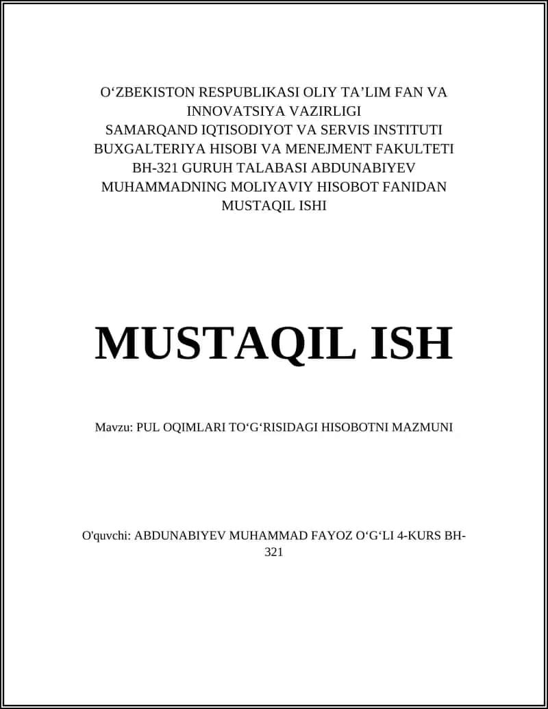 PUL OQIMLARI TOʻGʻRISIDAGI HISOBOT 1