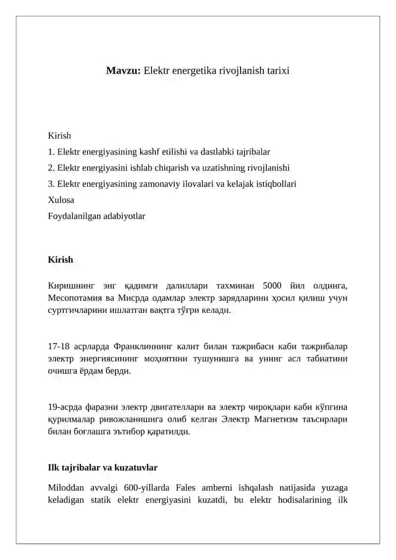 Elektr energetika rivojlanish tarixi