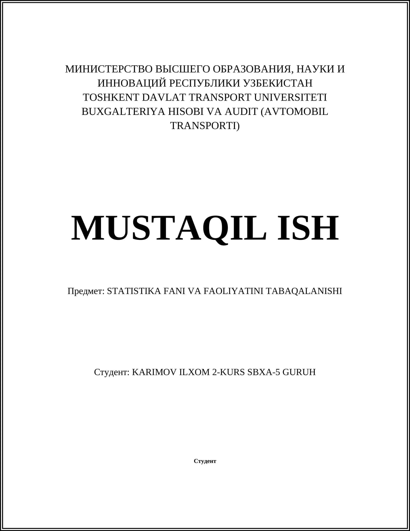 STATISTIKA FANI VA FAOLIYATINI TABAQALANISHI 1