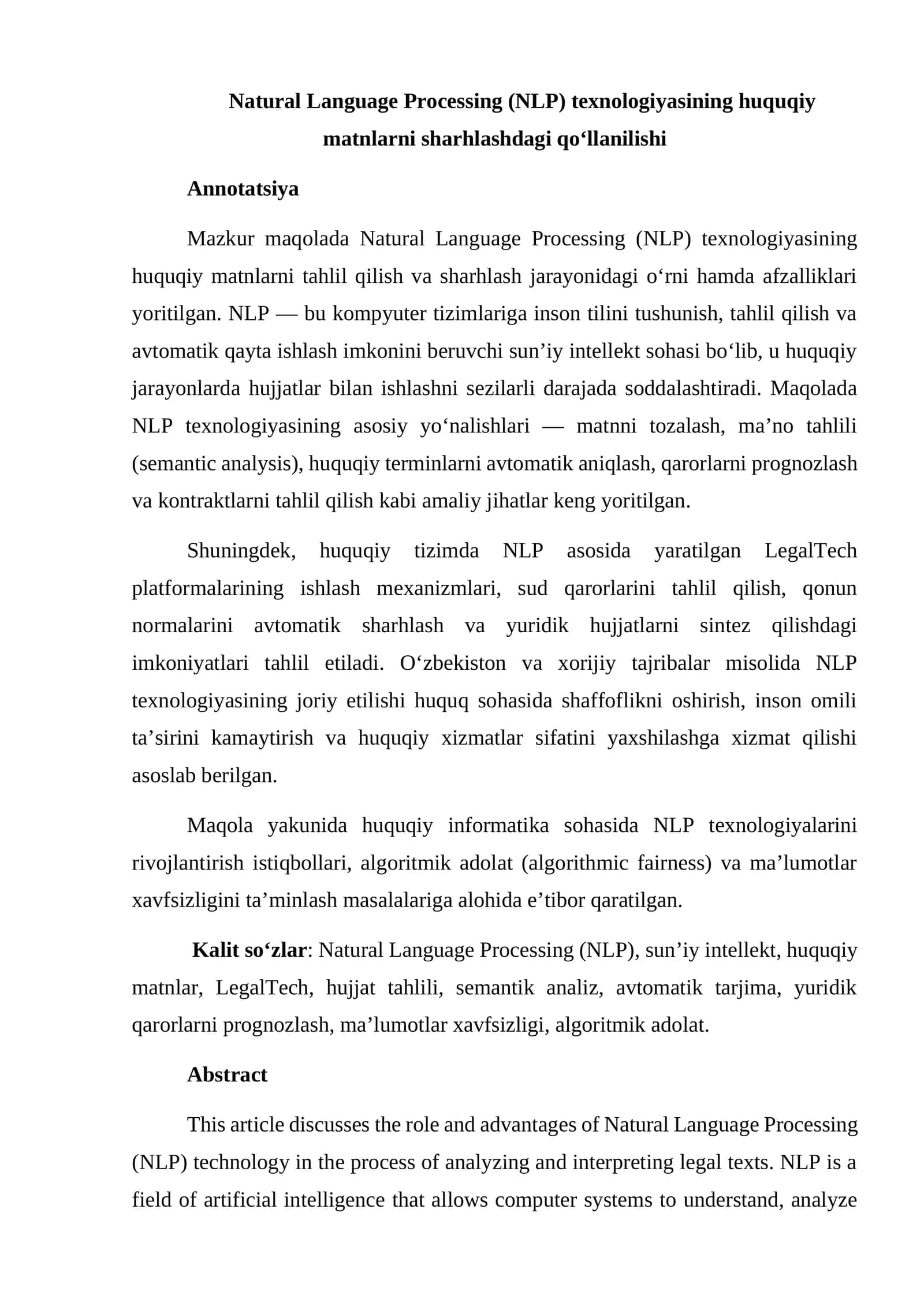 Natural Language Processing (NLP) texnologiyasining huquqiy matnlarni sharhlashdagi qo‘llanilishi 1
