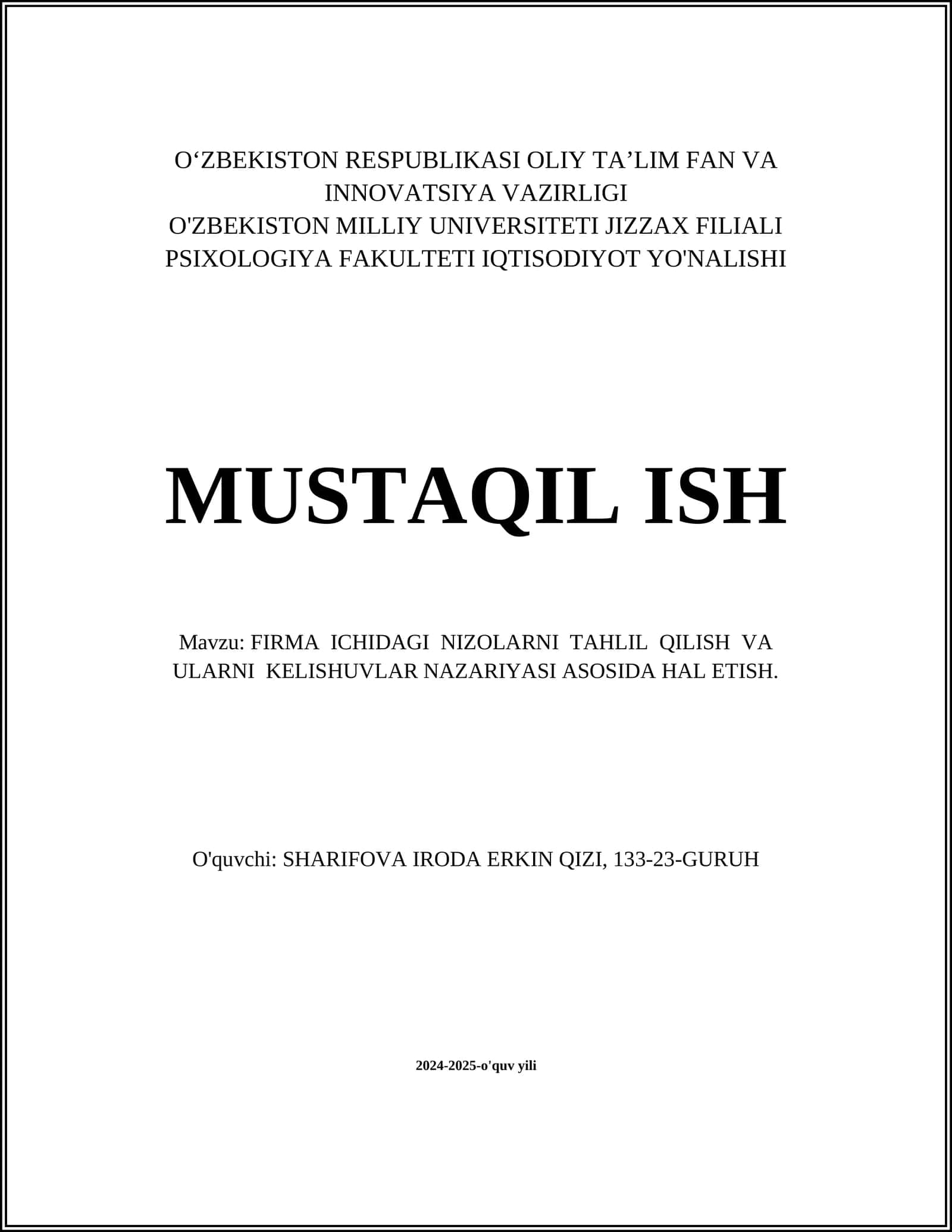 FIRMA ICHIDAGI NIZOLARNI TAHLIL QILISH VA ULARNI KELISHUVLAR NAZARIYASI ASOSIDA HAL ETISH 1