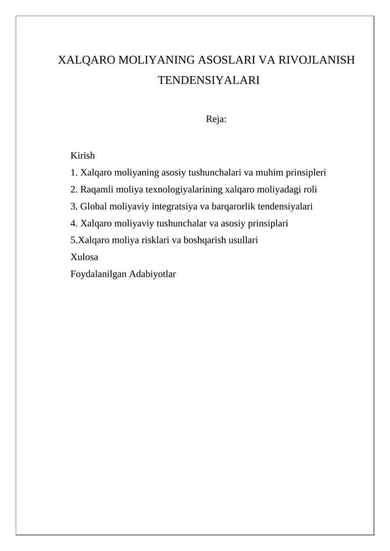 Xalqaro moliyaning asoslari va rivojlanish tendensiyalari 1