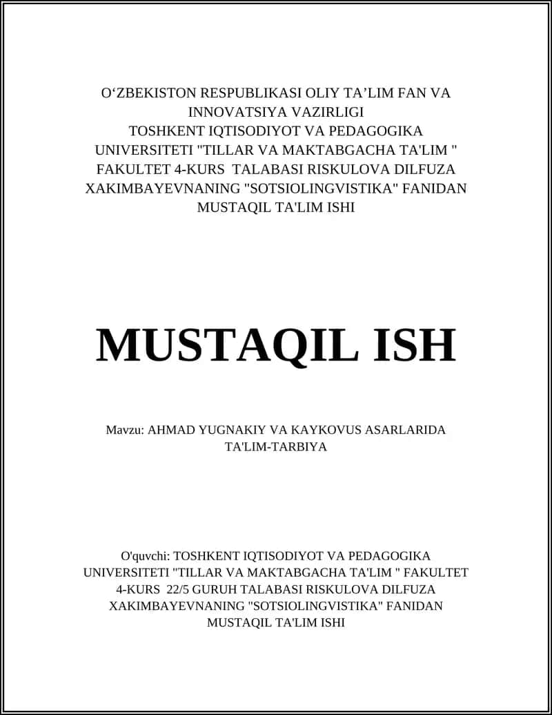 AHMAD YUGNAKIY VA KAYKOVUS ASARLARIDA TA'LIM-TARBIYA 1