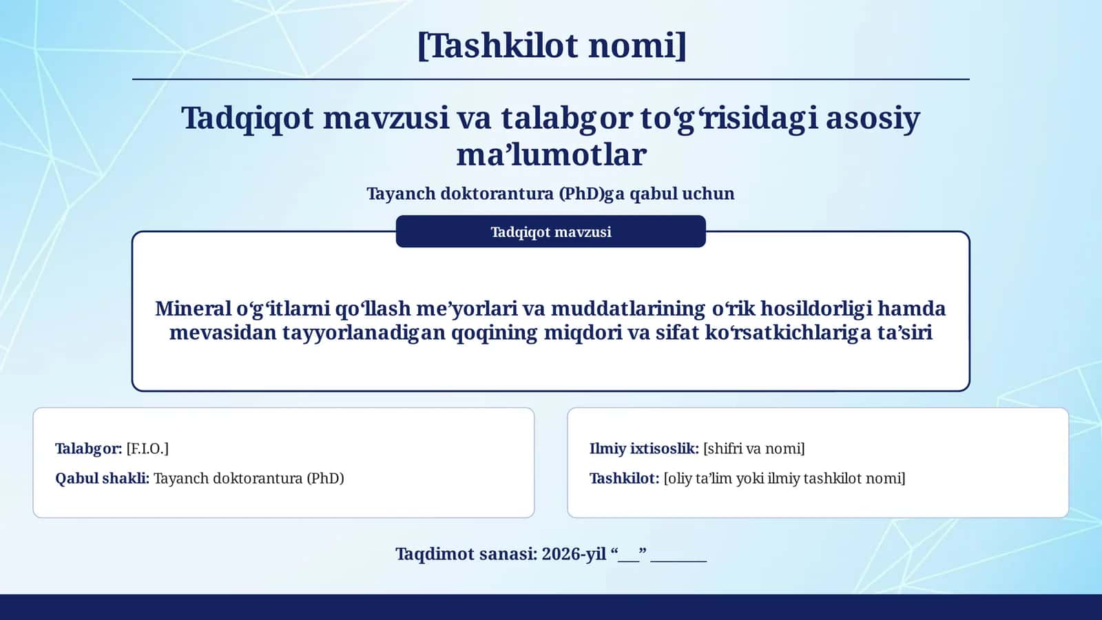 Mineral o‘g‘itlarni qo‘llash me’yorlari va muddatlarining o‘rik hosildorligi hamda mevasidan tayyorlanadigan qoqining miqdori va sifat ko‘rsatkichlariga ta’siri 1
