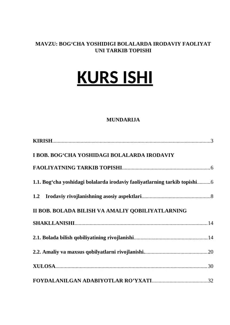 BOG‘CHA YOSHIDAGI BOLALARDA IRODAVIY FAOLIYAT UNI TARKIB TOPISHI KURS ISHI 1
